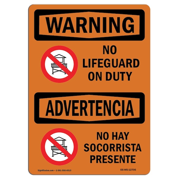 Safety Sign, OSHA WARNING, 3.5" Height, No Lifeguard On Duty Bilingual, Landscape, 10PK